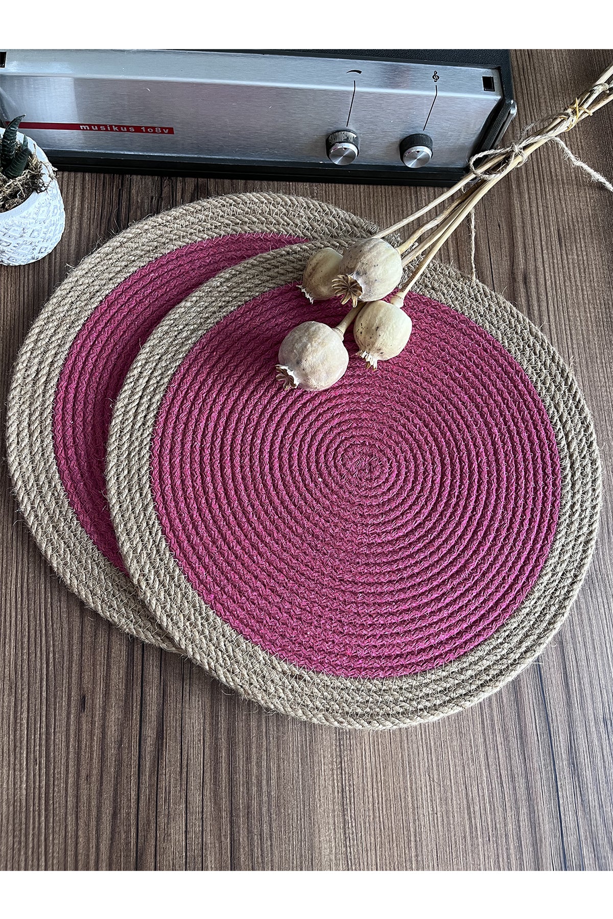 Pembe/Bordürlü Pembe Jüt Amerikan Servis Örme Hasır Supla